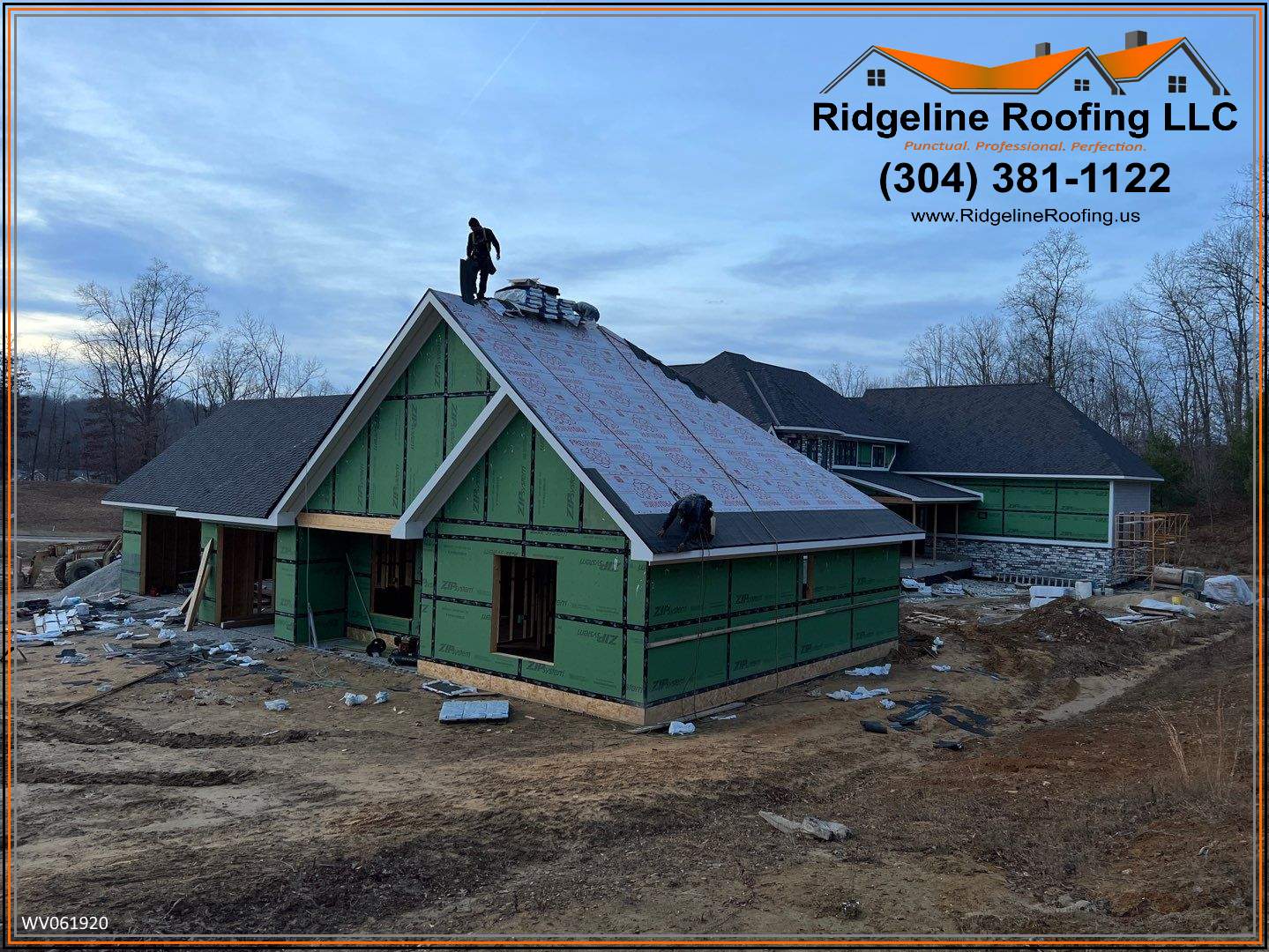 Ridgeline Roofing crew installing shingles on new construction