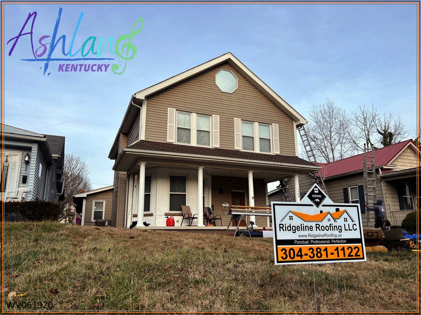 Ashland roofing project with Ridgeline yard sign and brown shingles in progress
