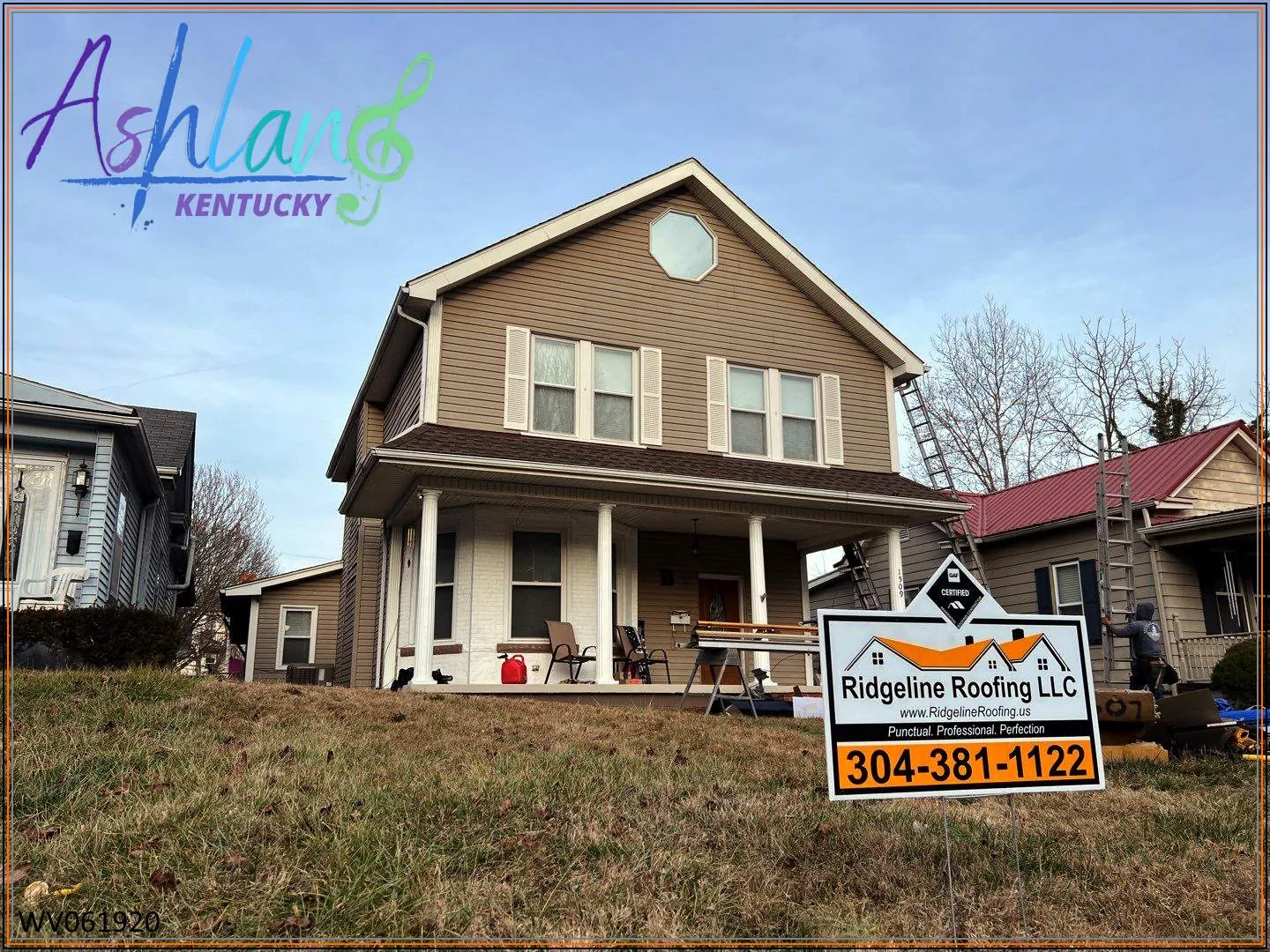 Ashland roofing project with Ridgeline yard sign and brown shingles in progress