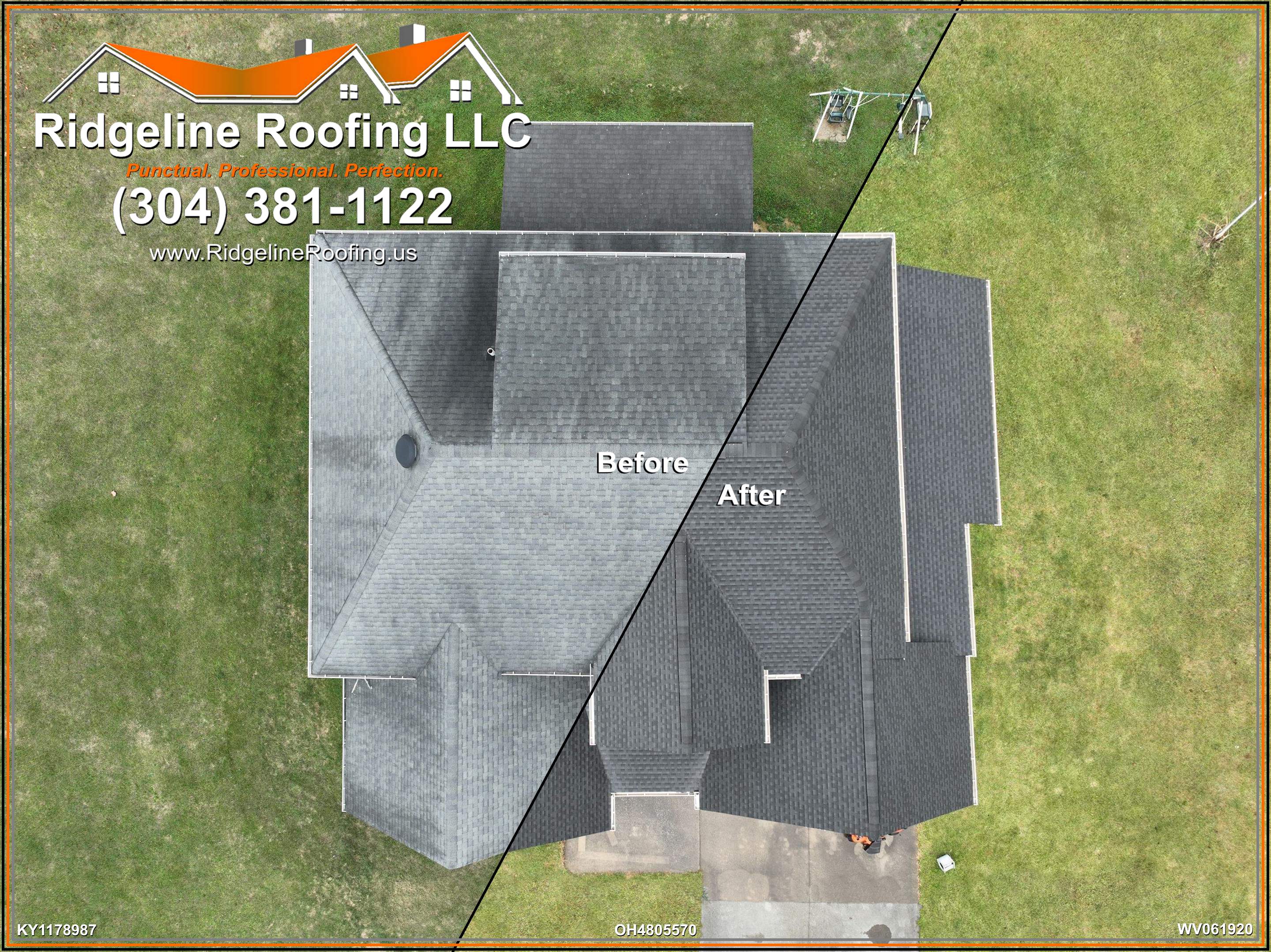 Before and after diagonal split of a charcoal shingle roof replacement