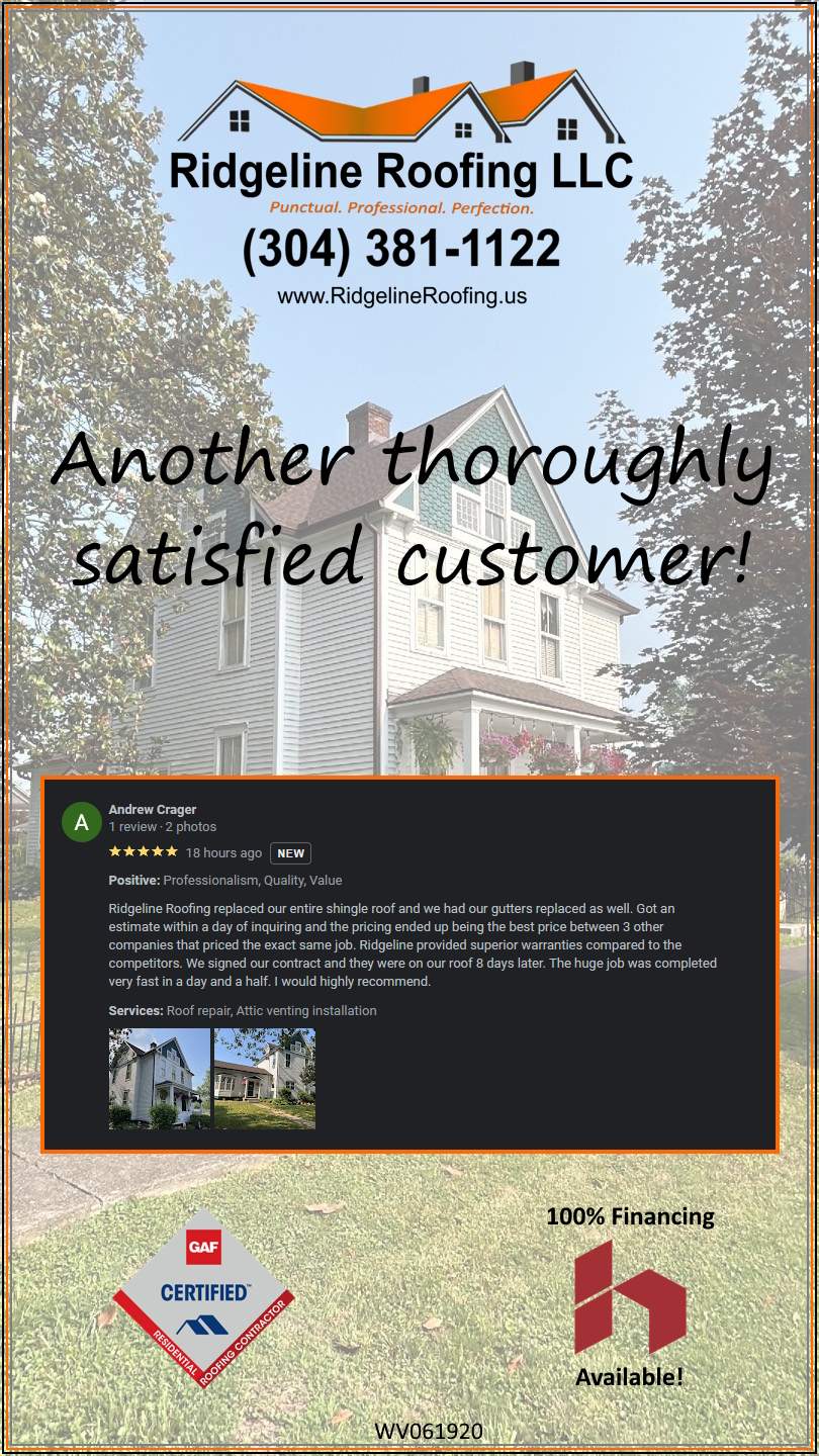 Five-star Google review from a Ridgeline Roofing customer
