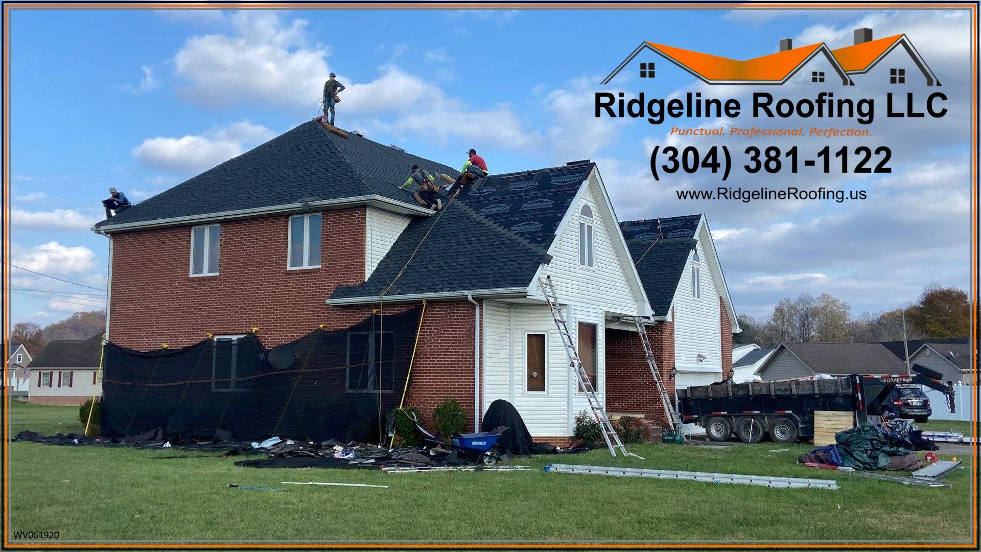 Ridgeline crew working on a brick home charcoal shingle replacement
